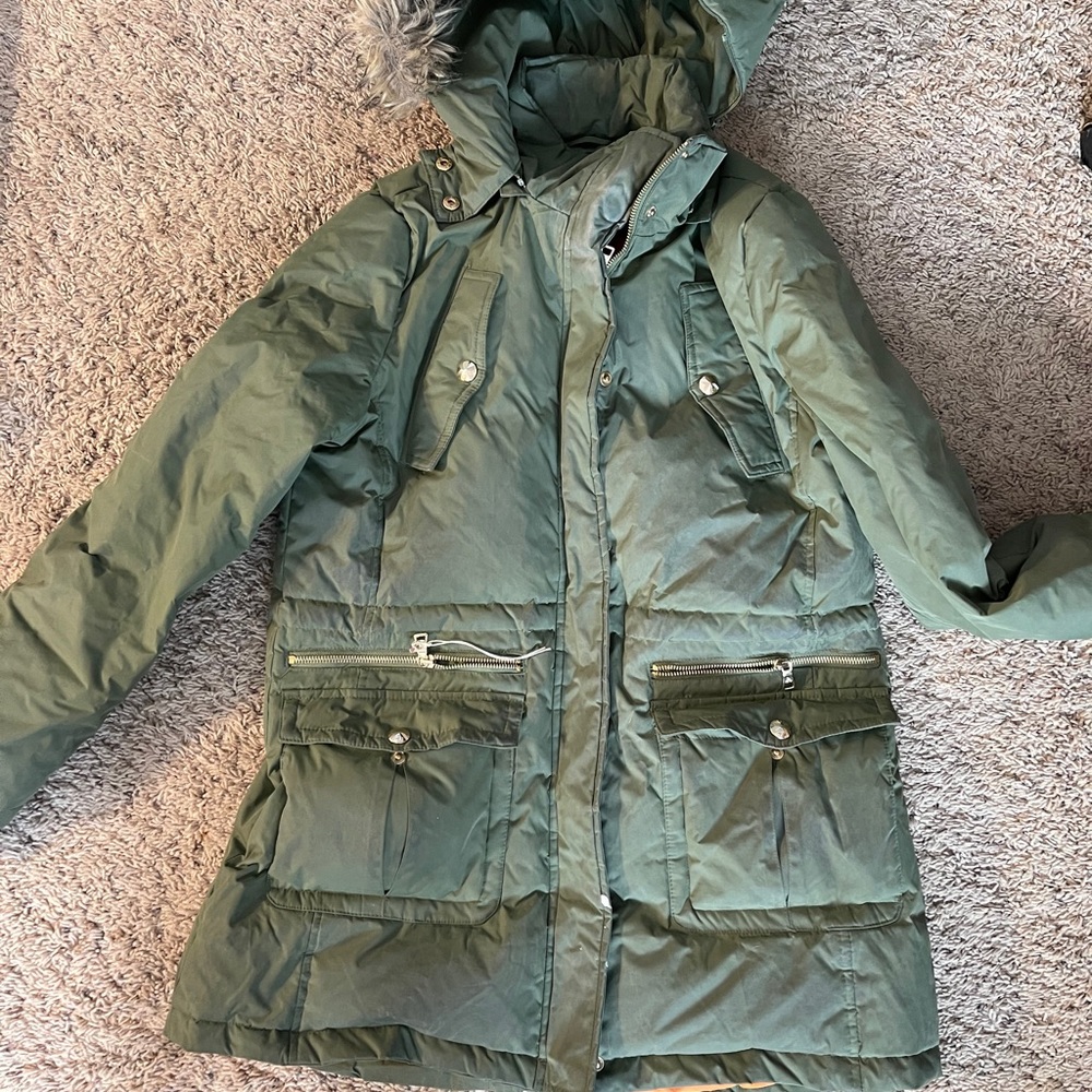 Sam Edelman Long green down coat jacket fur hood